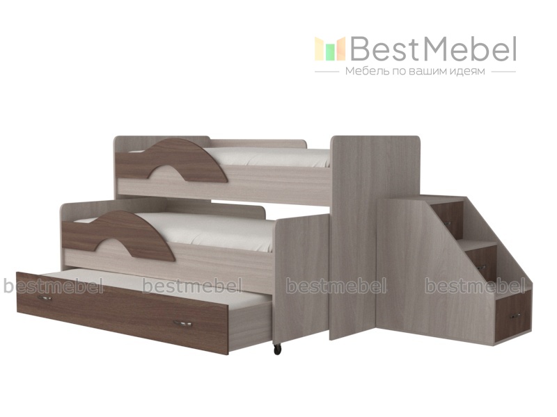 Кровать чердак Радуга 1,6 с ящиком и лестницей BMS